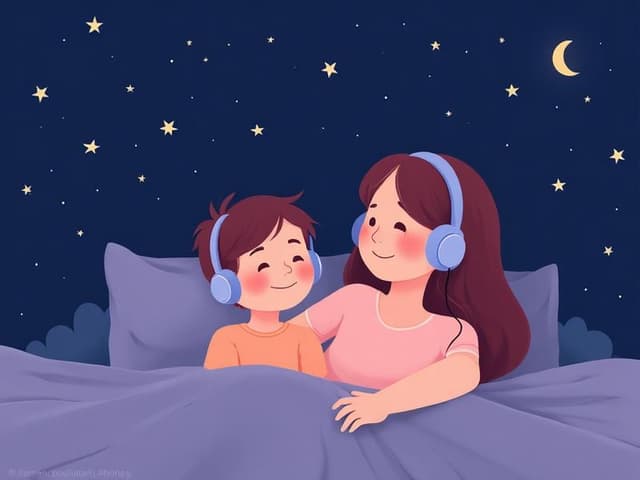 Parent and child with headphones under starry sky